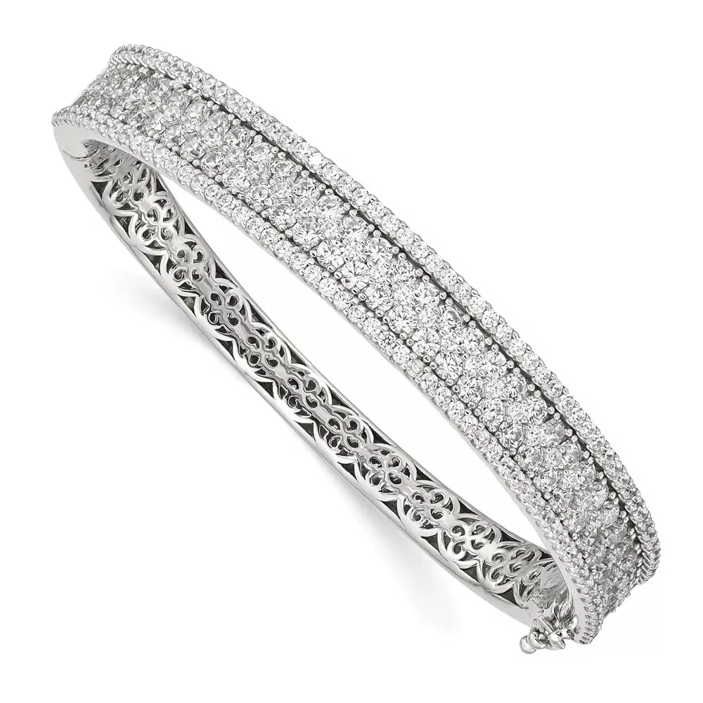 Sterling Silver Shimmer Rhodium-Plated 215 Stone Pav Cz Hinged Bangle Bracelet