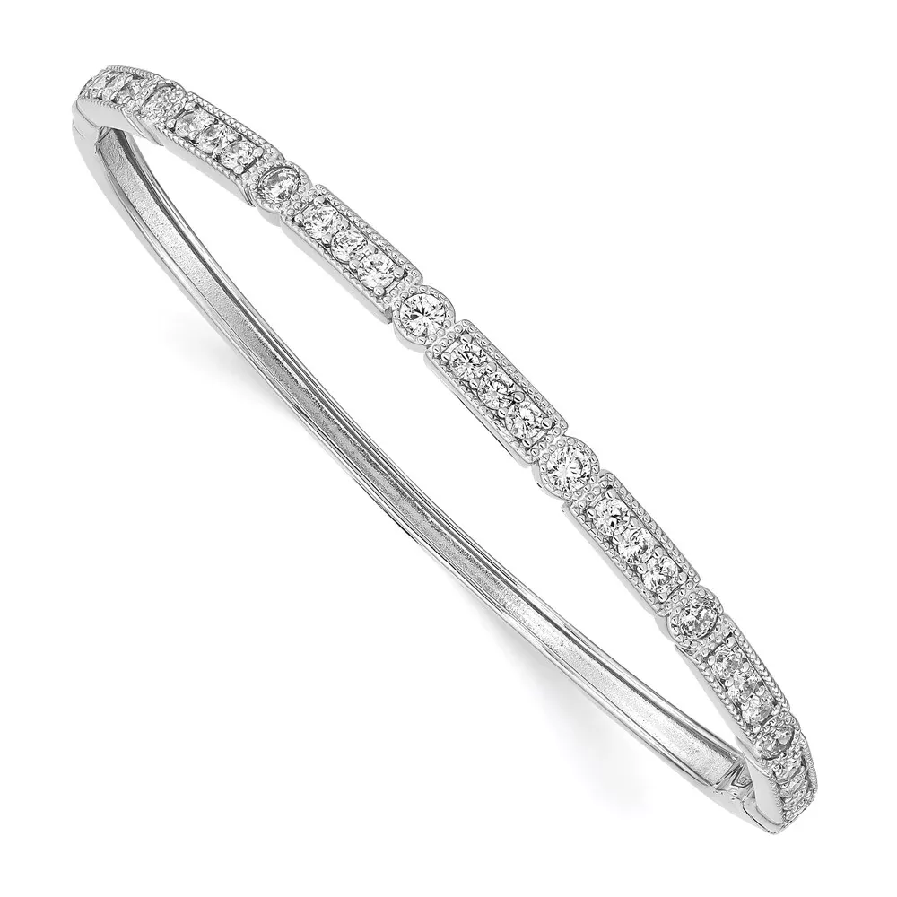 Sterling Silver Shimmer Rhodium-Plated 29 Stone Cz Hinged Bangle Bracelet