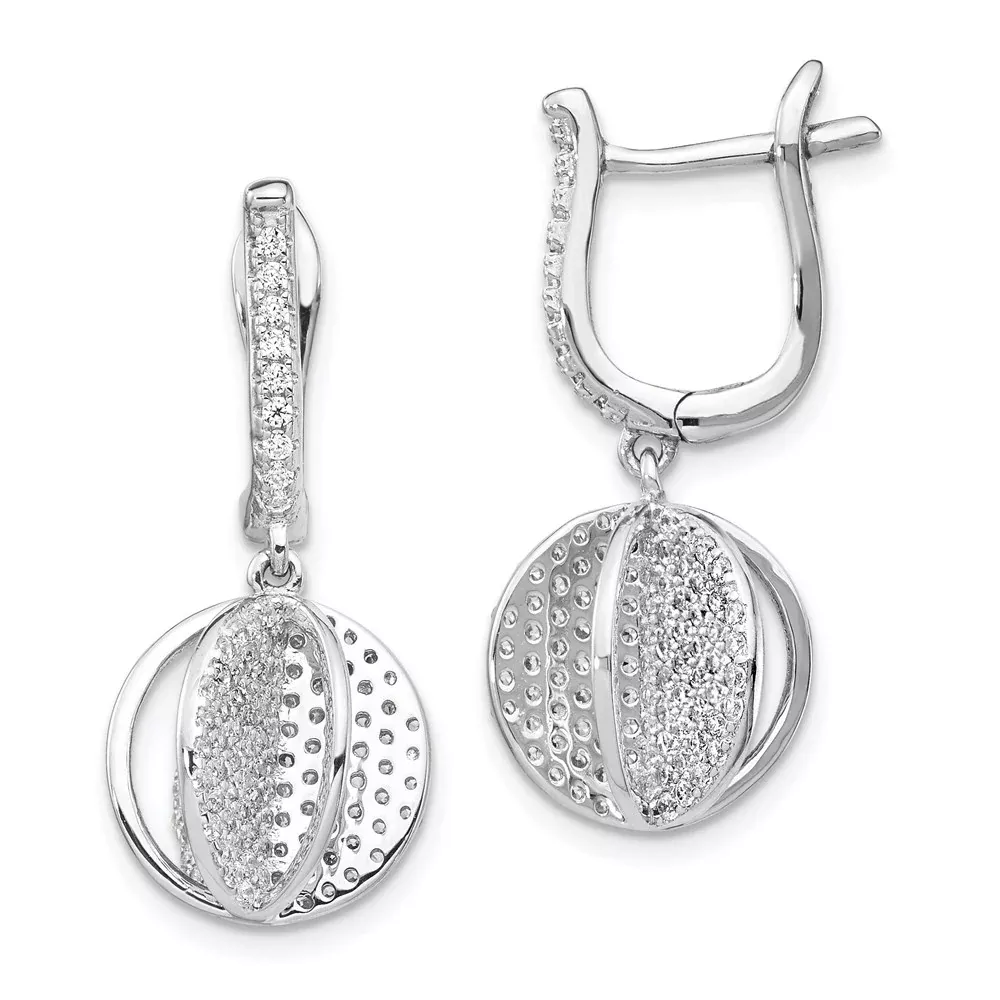 Sterling Silver Shimmer Rhodium-Plated 300 Stone Cz Sphere Dangle Hinged Post Earrings