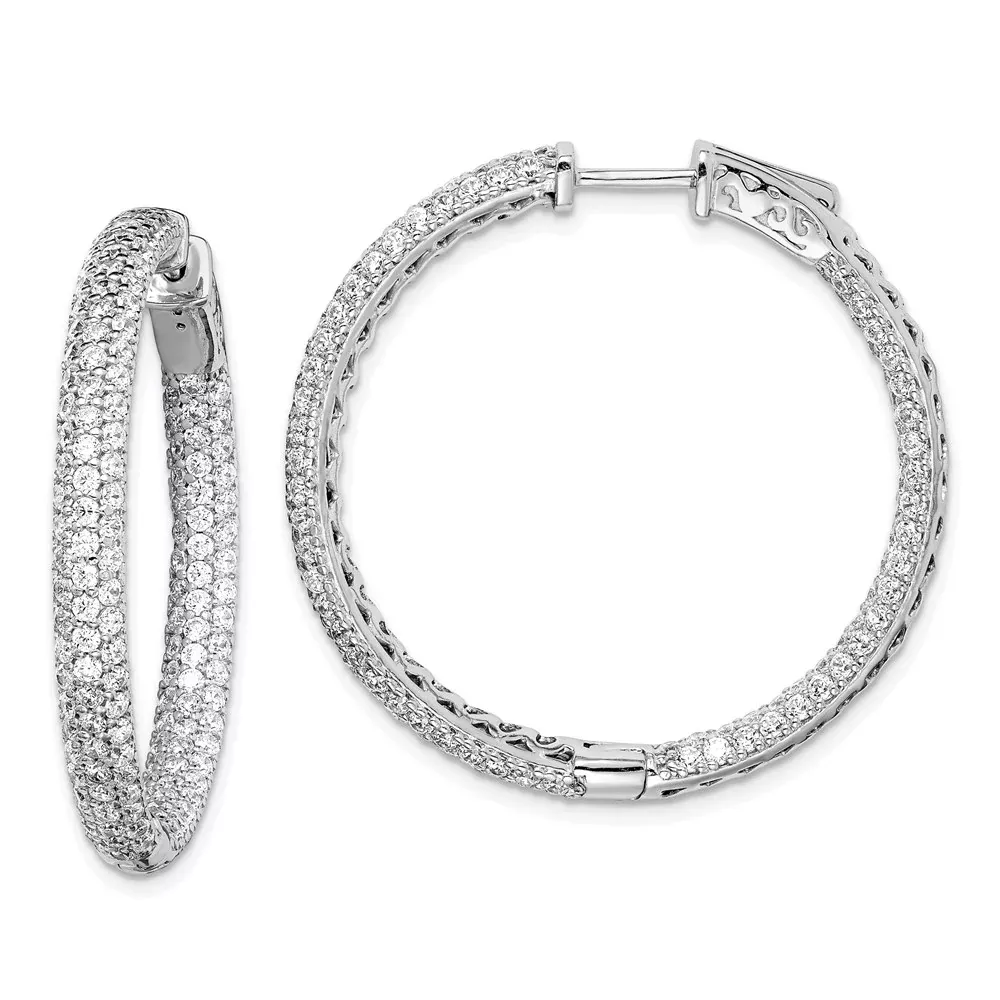 Sterling Silver Shimmer Rhodium-Plated 304 Stone Pav 1.5mm Cz In And Out Round Hinged Hoop Earrings