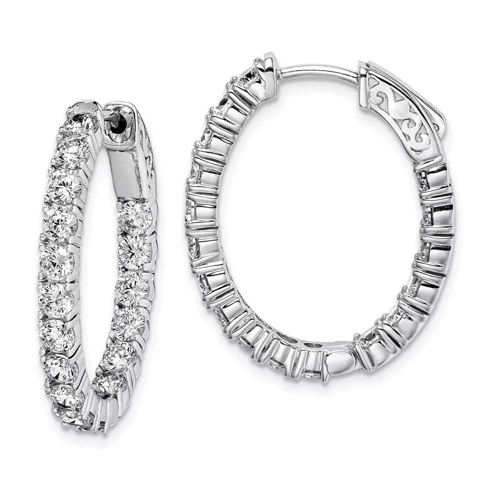 Sterling Silver Shimmer Rhodium-Plated 34 Stone 3.0mm Cz In And Out Oval Hinged Hoop Earrings