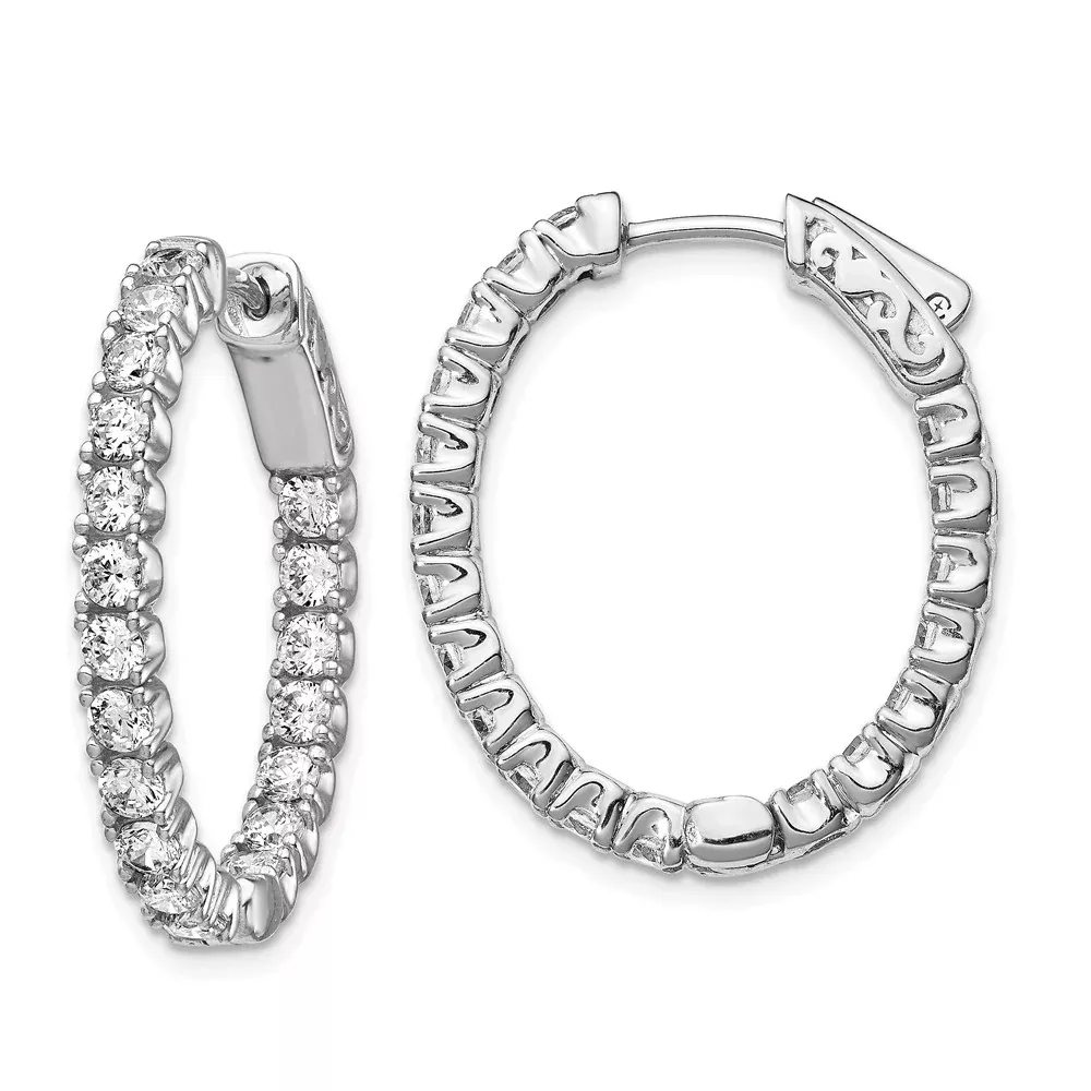 Sterling Silver Shimmer Rhodium-Plated 38 Stone 2.5mm Cz In And Out Oval Hinged Hoop Earrings