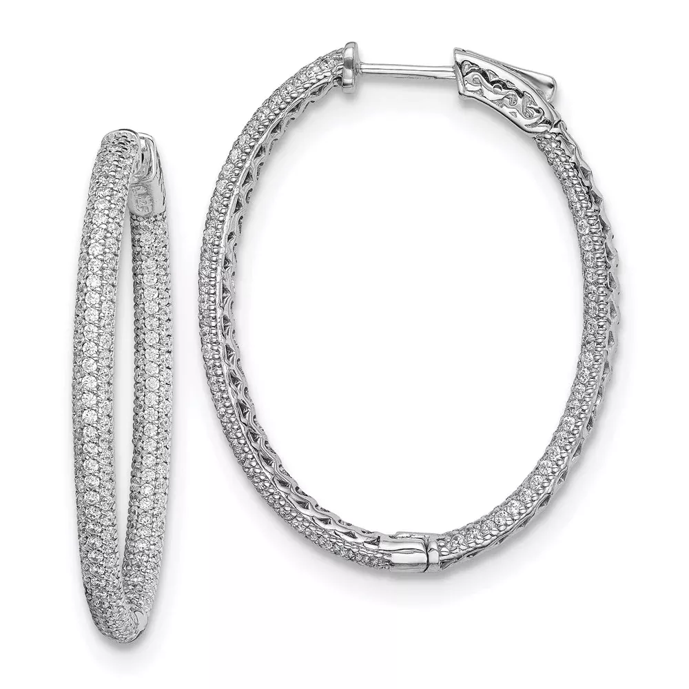 Sterling Silver Shimmer Rhodium-Plated 400 Stone Pav 1.1mm Cz In And Out Oval Hinged Hoop Earrings
