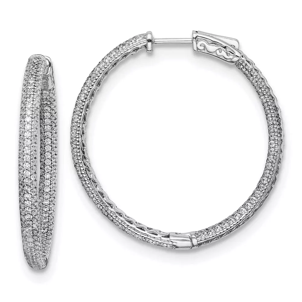 Sterling Silver Shimmer Rhodium-Plated 400 Stone Pav 1.1mm Cz In And Out Round Hinged Hoop Earrings