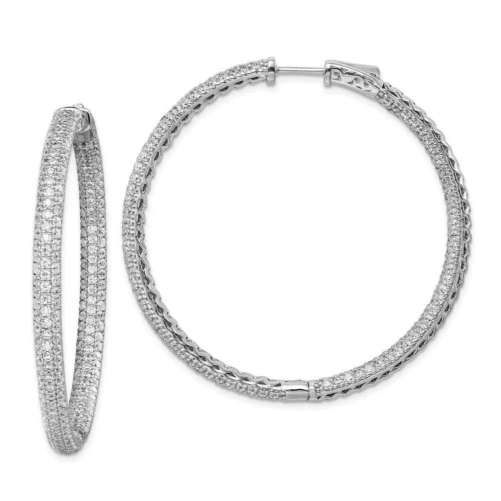 Sterling Silver Shimmer Rhodium-Plated 460 Stone Pav 1.5mm Cz In And Out Round Hinged Hoop Earrings