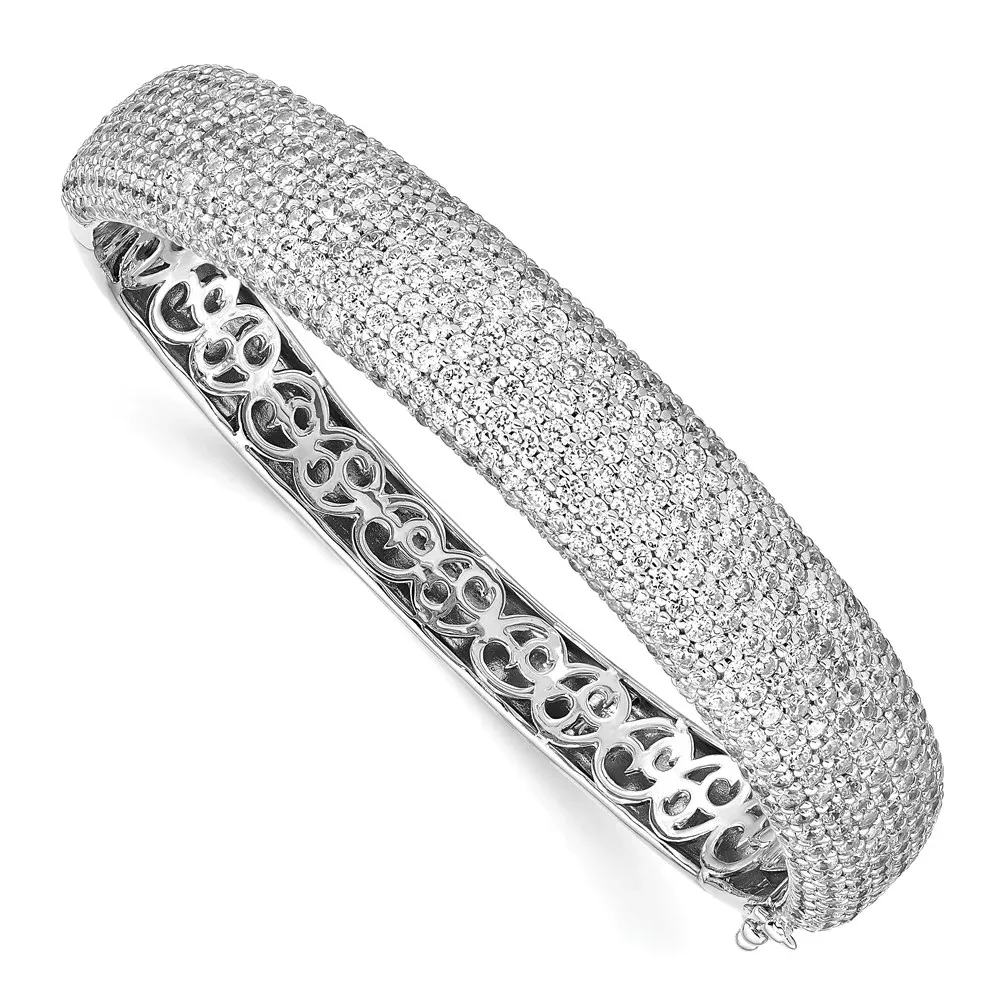 Sterling Silver Shimmer Rhodium-Plated 568 Stone Cz Pav Hinged Bangle
