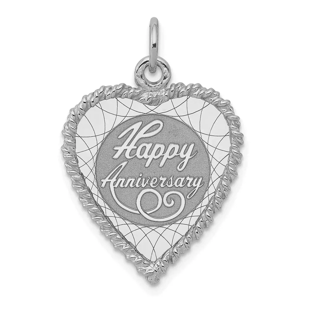 Sterling Silver Ss Rh-Plt Happy Anniversary Polished Front/Satin Back Disc Charm