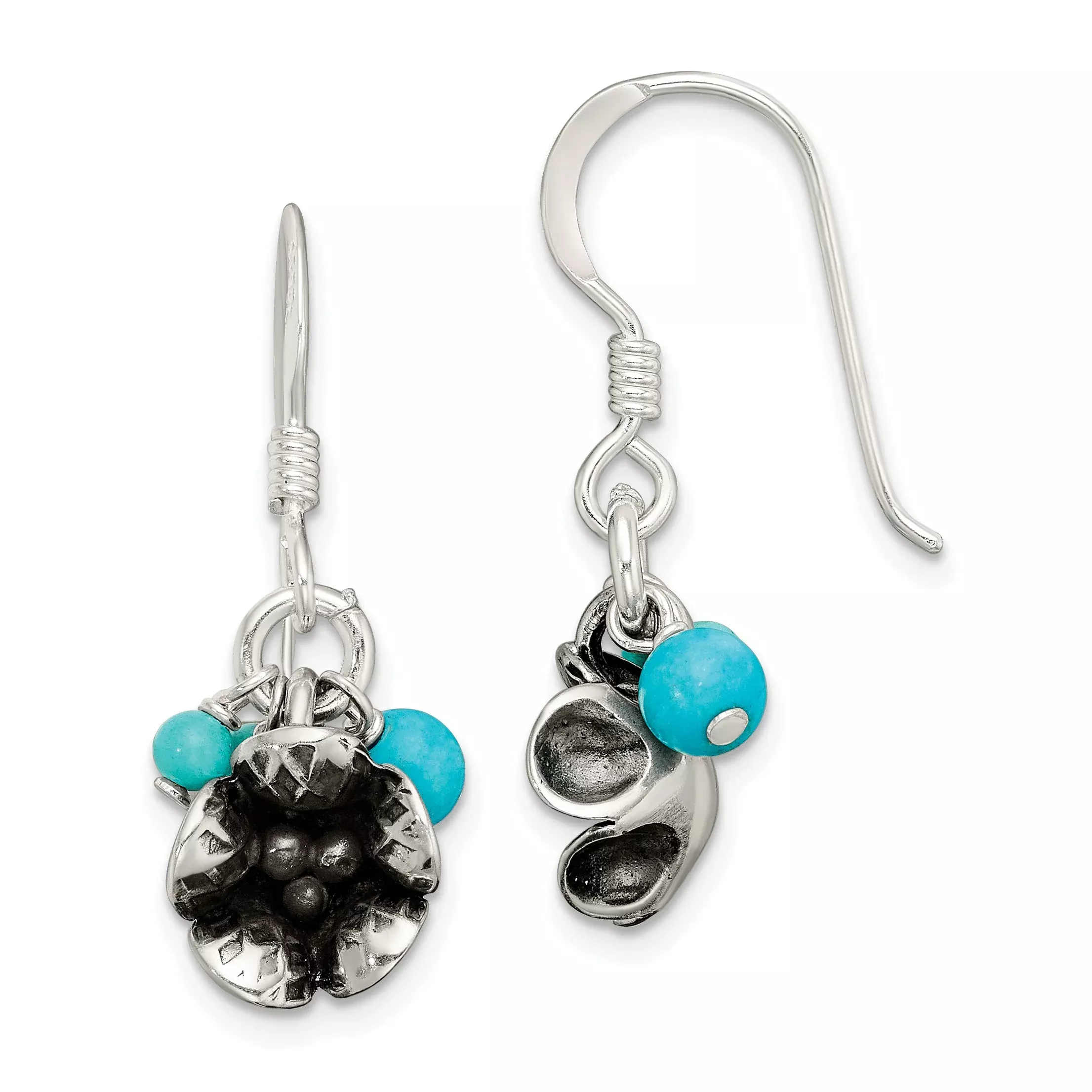 Sterling Silver Ss Turq. Howlite/Recon. Magnesite Flower Shepherd Hook Earrings