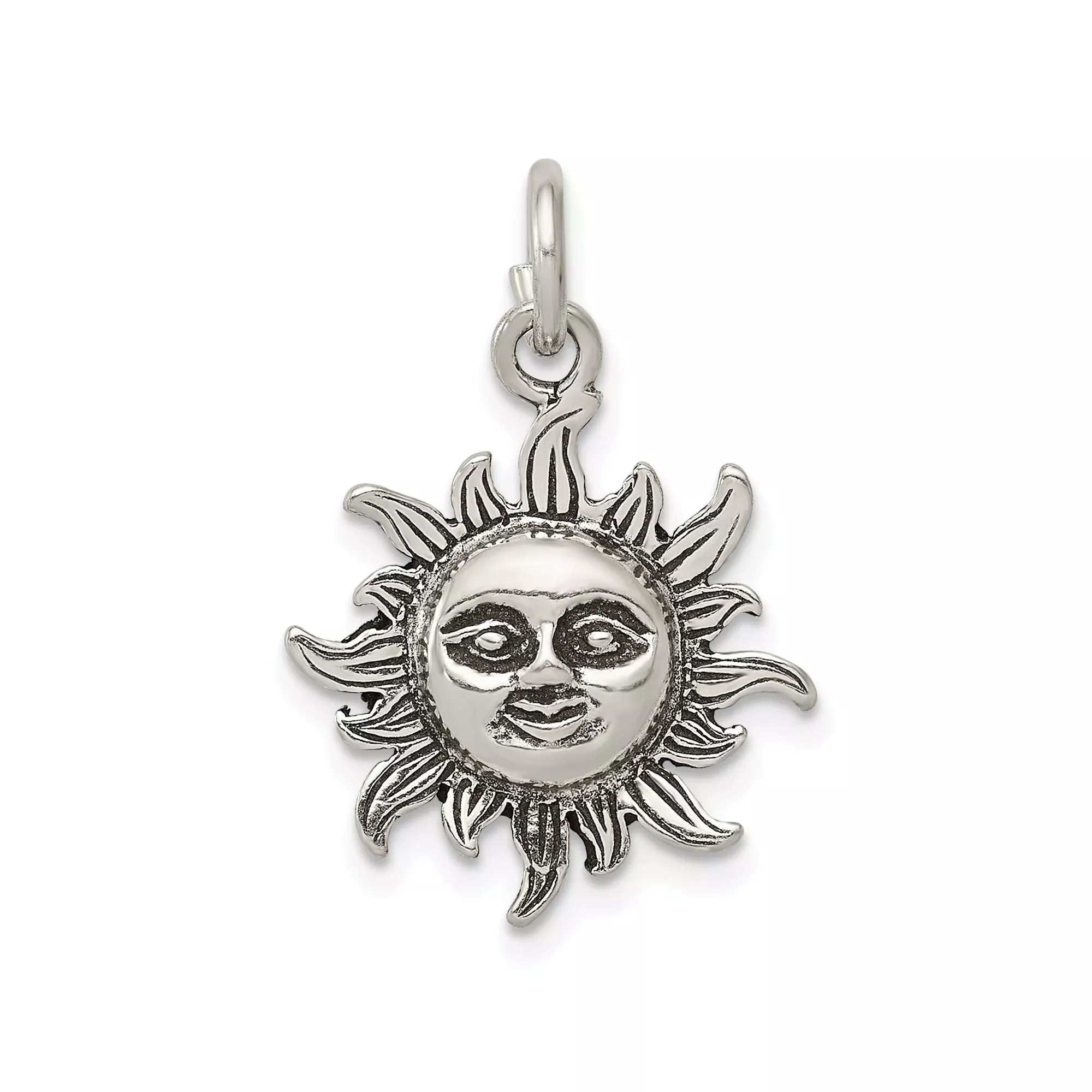 Sterling Silver Sun Face Pendant with Serene Expression and Celestial Rays, Boho Artisan Jewelry