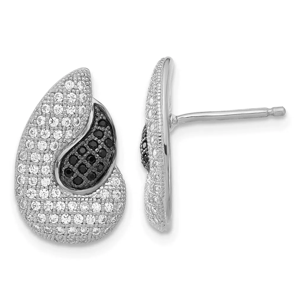 Sterling Silver True Fire Polished Black & Clear Cz Teardrops Post Earrings