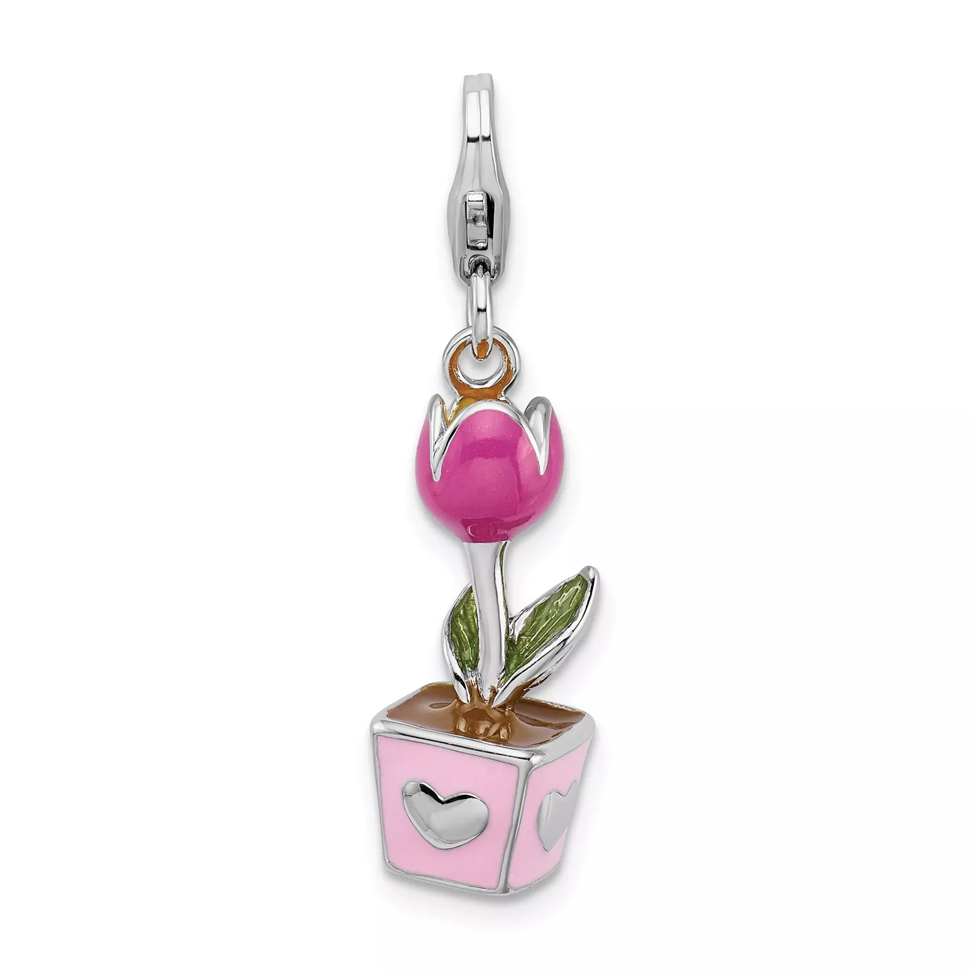 Sterling Silver Tulip Charm Pendant with Pink Enamel Flower Pot and Heart Cutouts