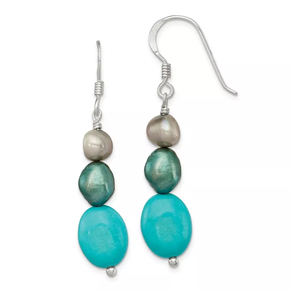 Sterling Silver Turquoise, Grey & Green Fw Cultured Pearl Dangle Earrings