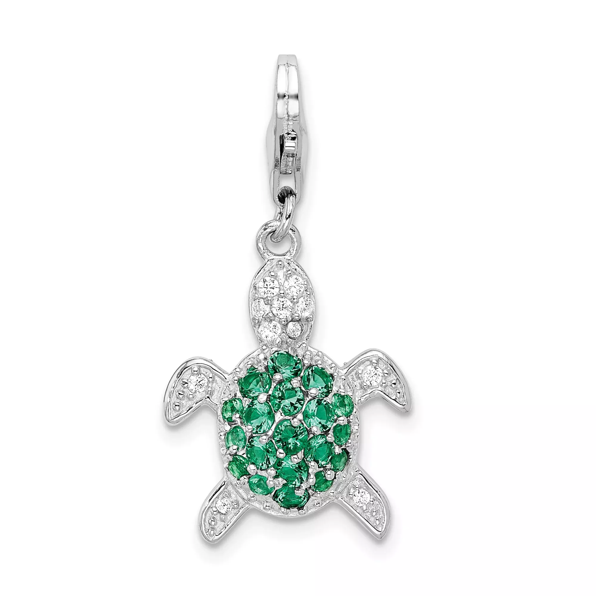 Sterling Silver Turtle Charm Pendant with Green and Clear Cubic Zirconia, Clip-On Style