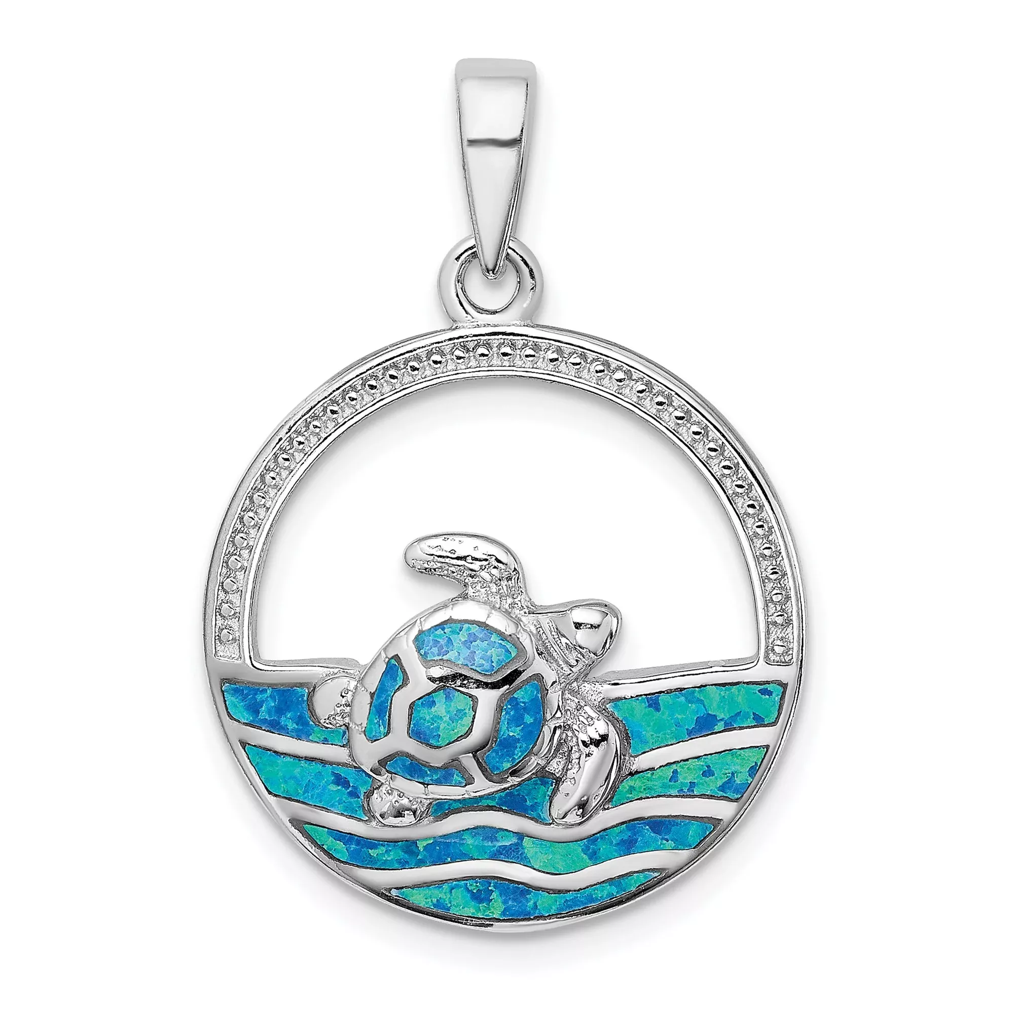 Sterling Silver Turtle Pendant with Blue Lab Created Opal, Ocean Wave Beach Theme
