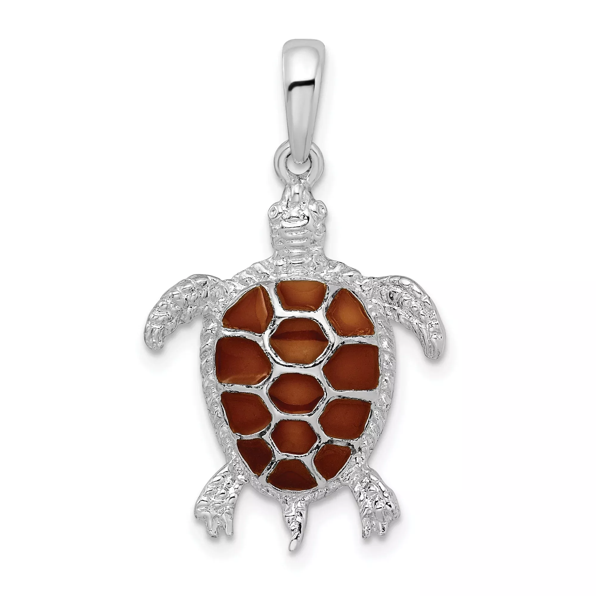 Sterling Silver Turtle Pendant with Brown Enamel Shell, Nautical Ocean Theme Jewelry