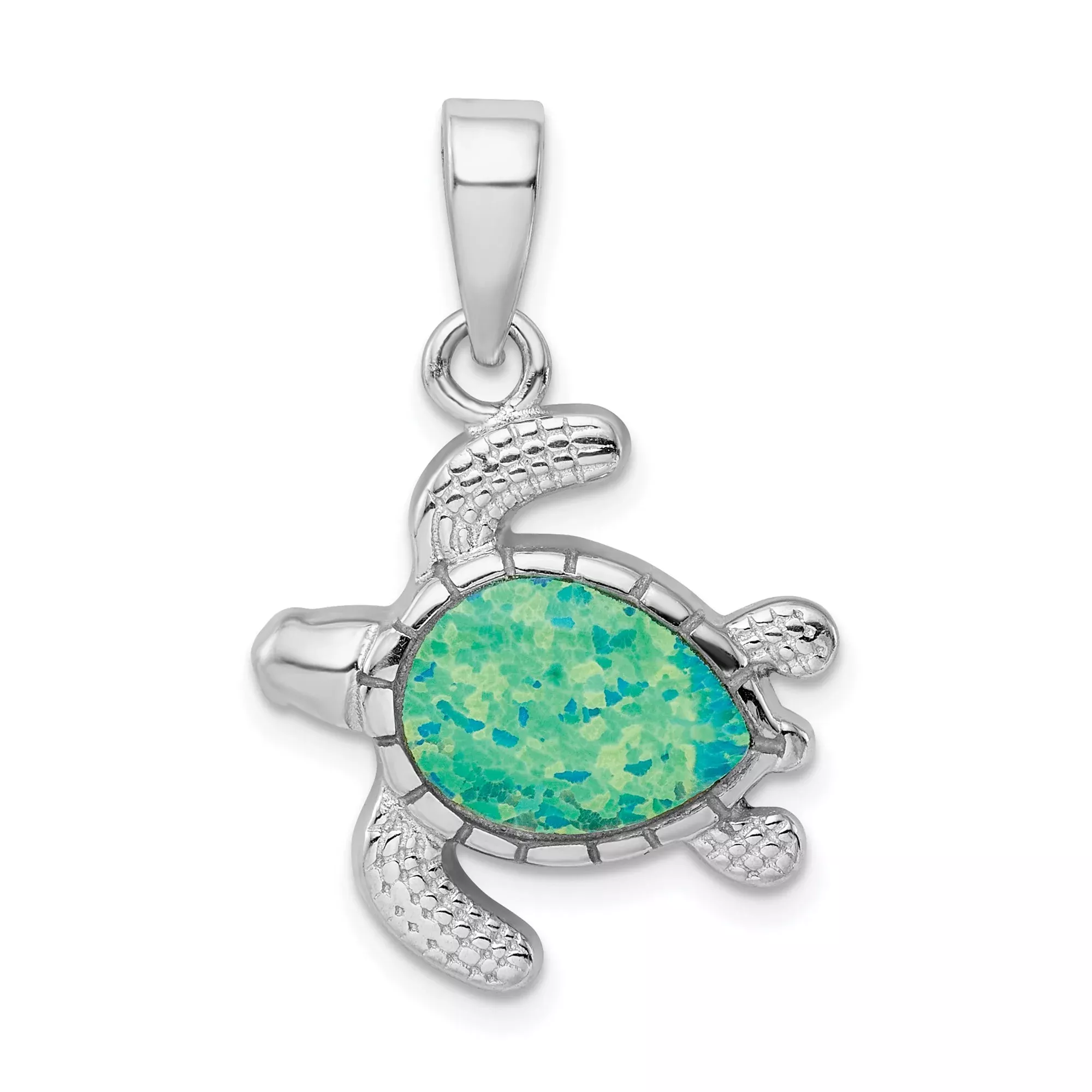 Sterling Silver Turtle Pendant with Green Blue Lab Created Opal Inlay , Ocean Theme
