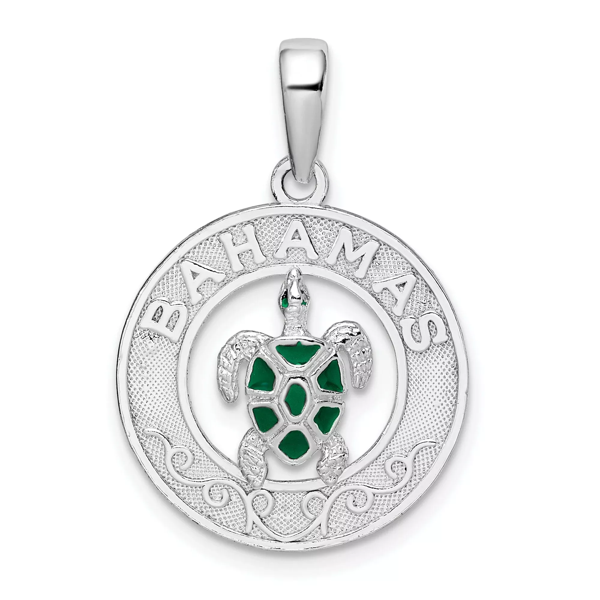 Sterling Silver Turtle Pendant with Green Enamel Accents, Tropical Ocean Theme