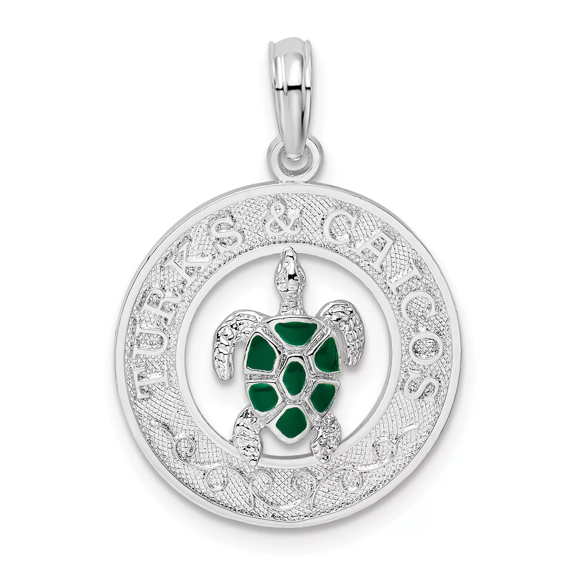 Sterling Silver Turtle Pendant with Green Enamel, Ocean Wave Charm, Nautical Jewelry
