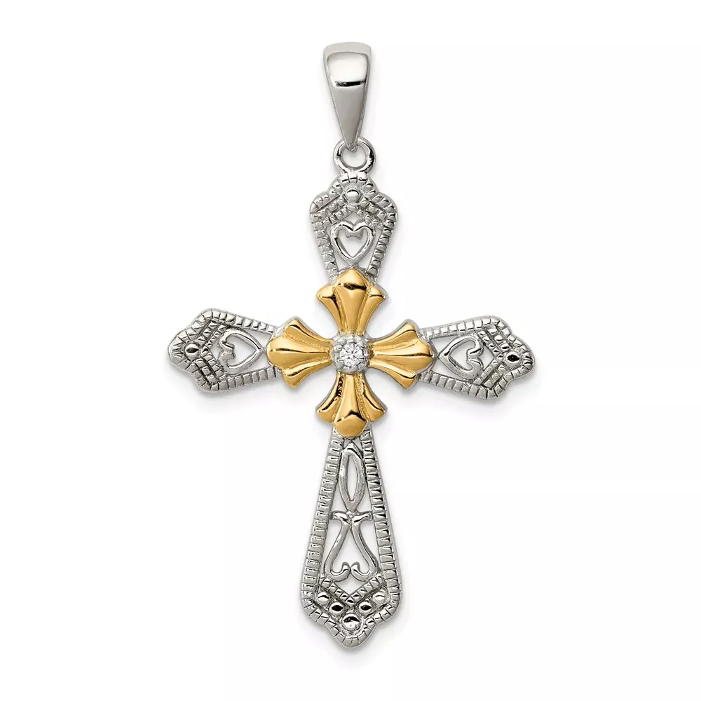 Sterling Silver Vermeil Cz Cross Pendant