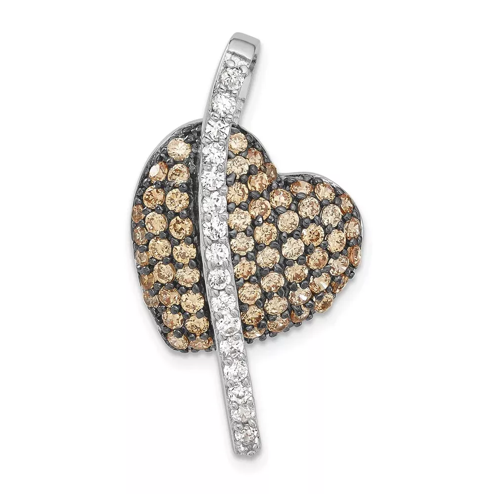 Sterling Silver W/ Black Rhodium Champagne & Clear Cz Heart Pendant