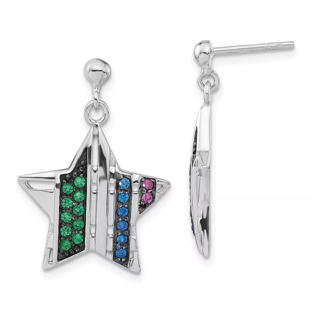 Sterling Silver W / Black Rhodium Synthetic Spinel & Ruby Star Post Dangle Earrings