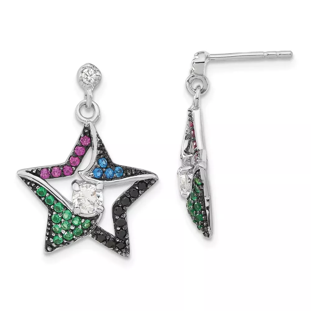 Sterling Silver W / Black Rhodium Synthetic Spinel, Syn. Ruby & Cz Star Post Dangle Earrings