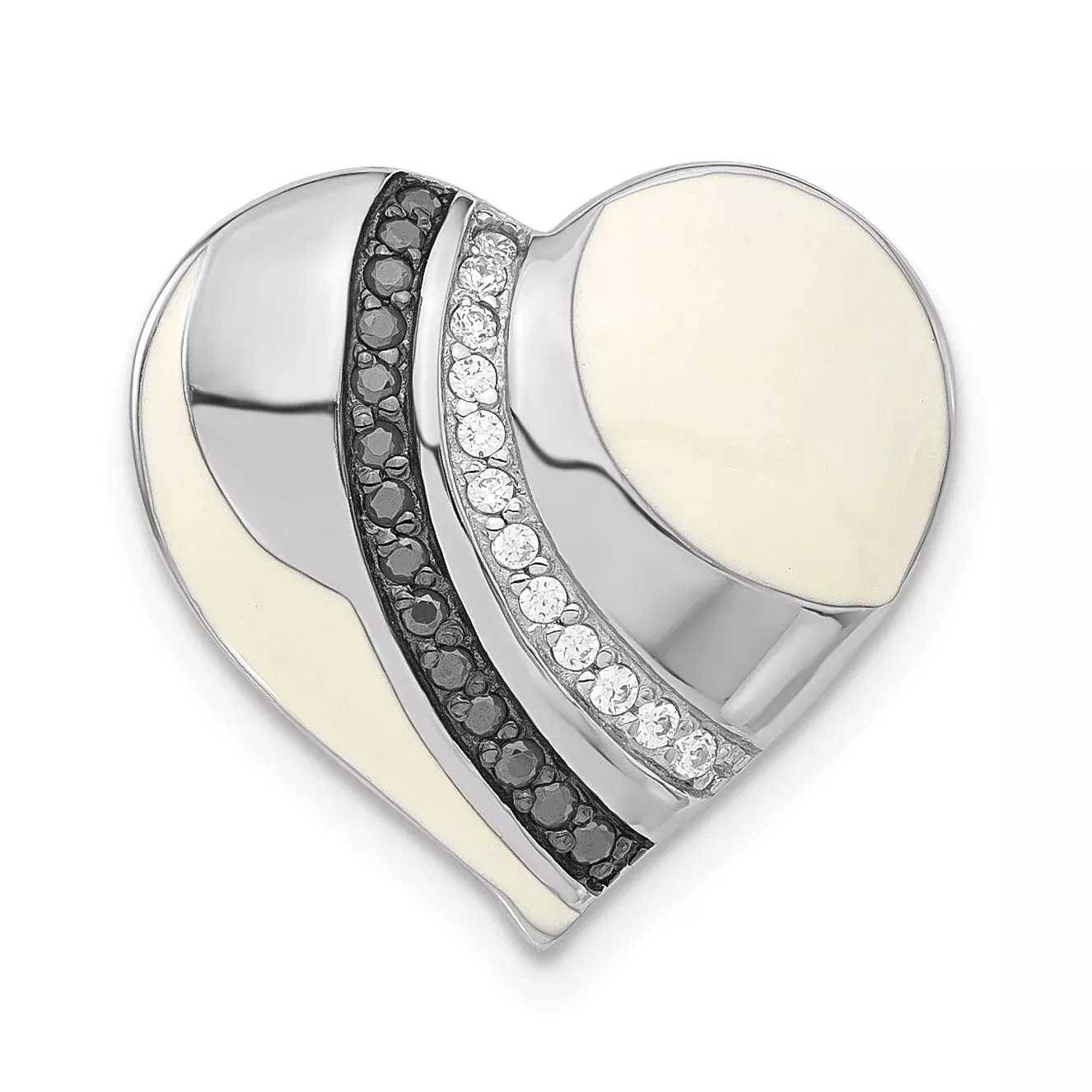 Sterling Silver W / Black Rhodium White & Enamel Cz Heart Chain Slide Pendant
