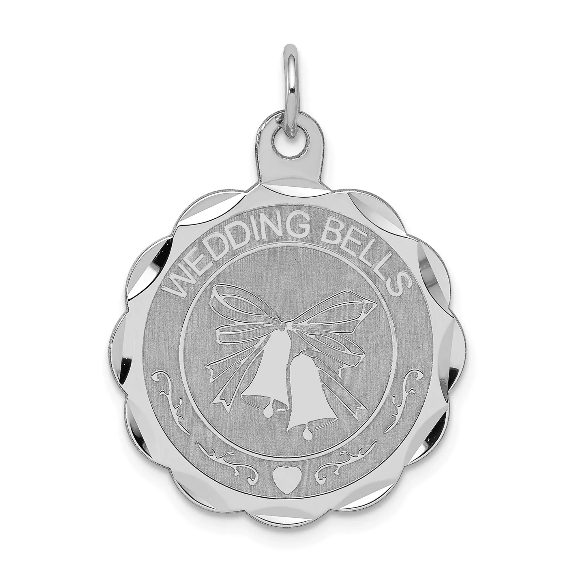 Sterling Silver Wedding Bells Pendant with Ribbon and Scalloped Edge, Romantic Bridal Jewelry