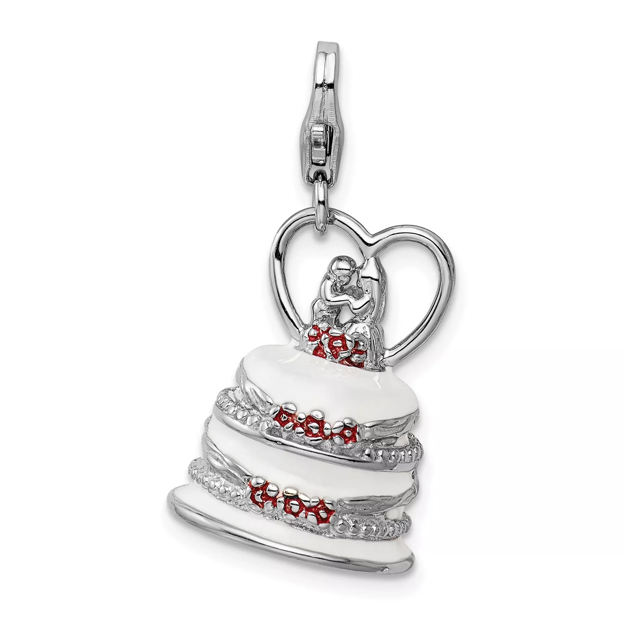 Sterling Silver Wedding Cake Charm Pendant with Bride and Groom and Heart Details