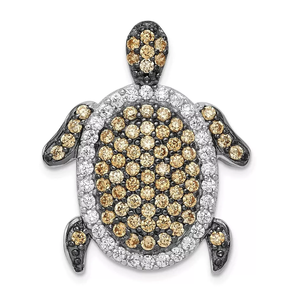 Sterling Silver White & Champagne Cz Turtle Slide