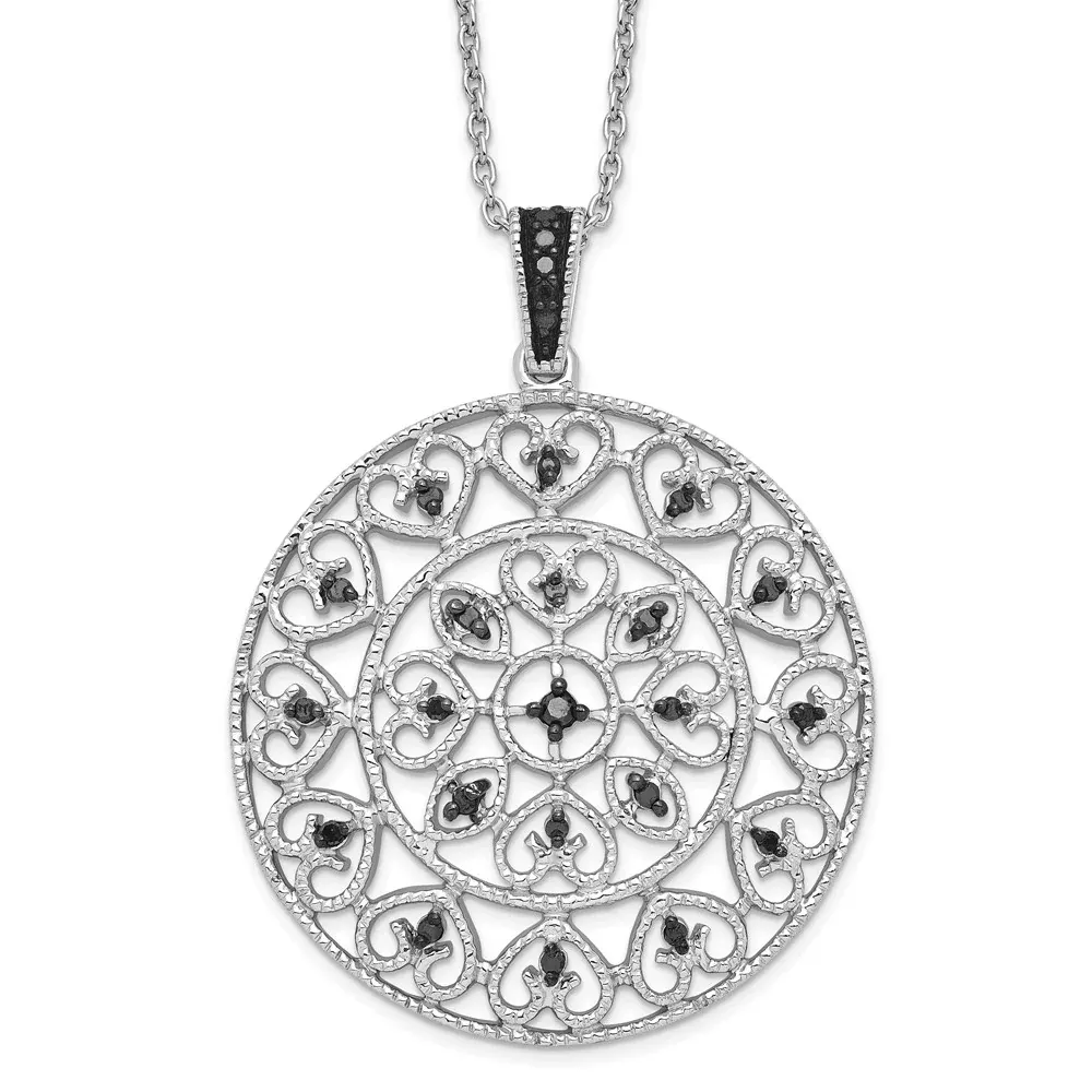 Sterling Silver White Night Rhodium-Plated Black And Diamond Circle Pendant 18 Inch Necklace With 2 Extender