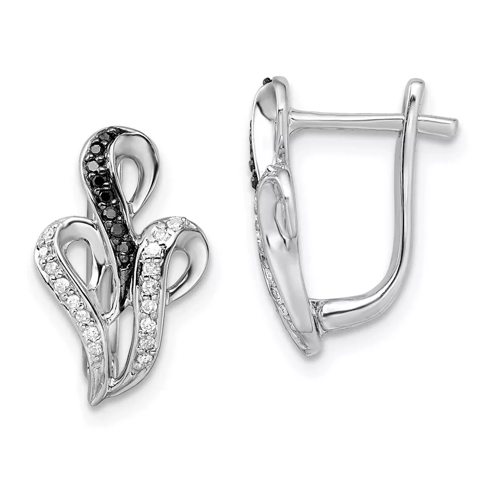 Sterling Silver White Night Rhodium-Plated Black And Diamond Hinged Back Post Earrings