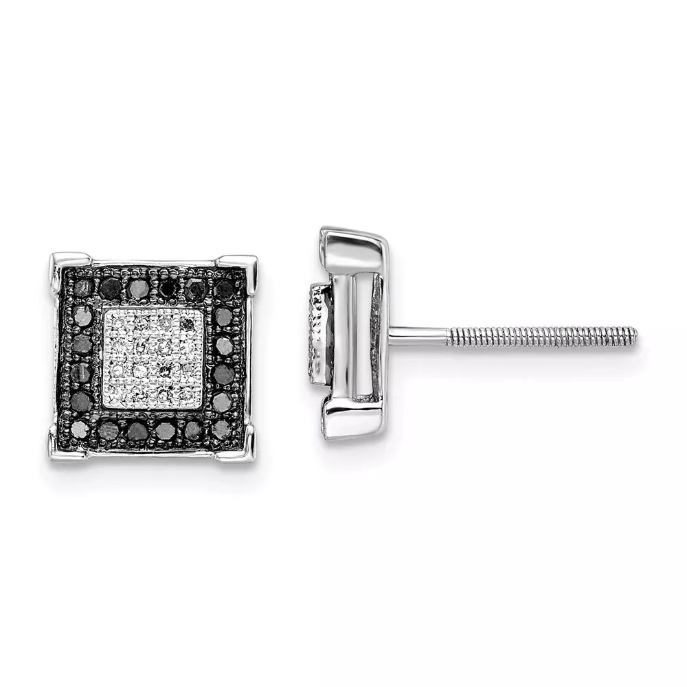 Sterling Silver White Night Rhodium-Plated Black And Diamond Square Post Earrings