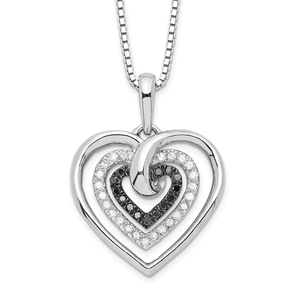 Sterling Silver White Night Rhodium-Plated Black And Diamond Triple Heart 18 Inch Necklace With 2 Extender