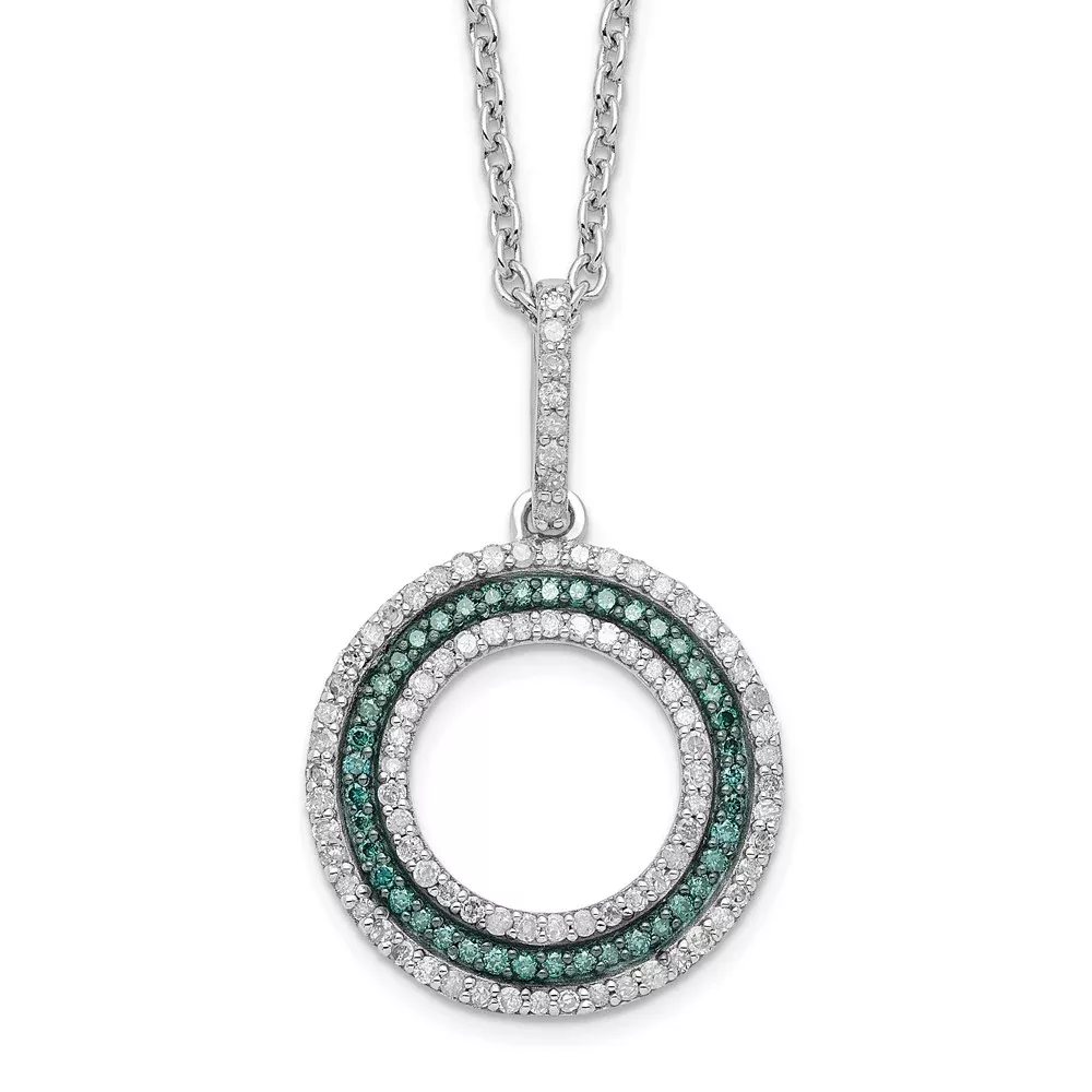Sterling Silver White Night Rhodium-Plated Blue And Diamond Circle 18 Inch Necklace With 2 Extender