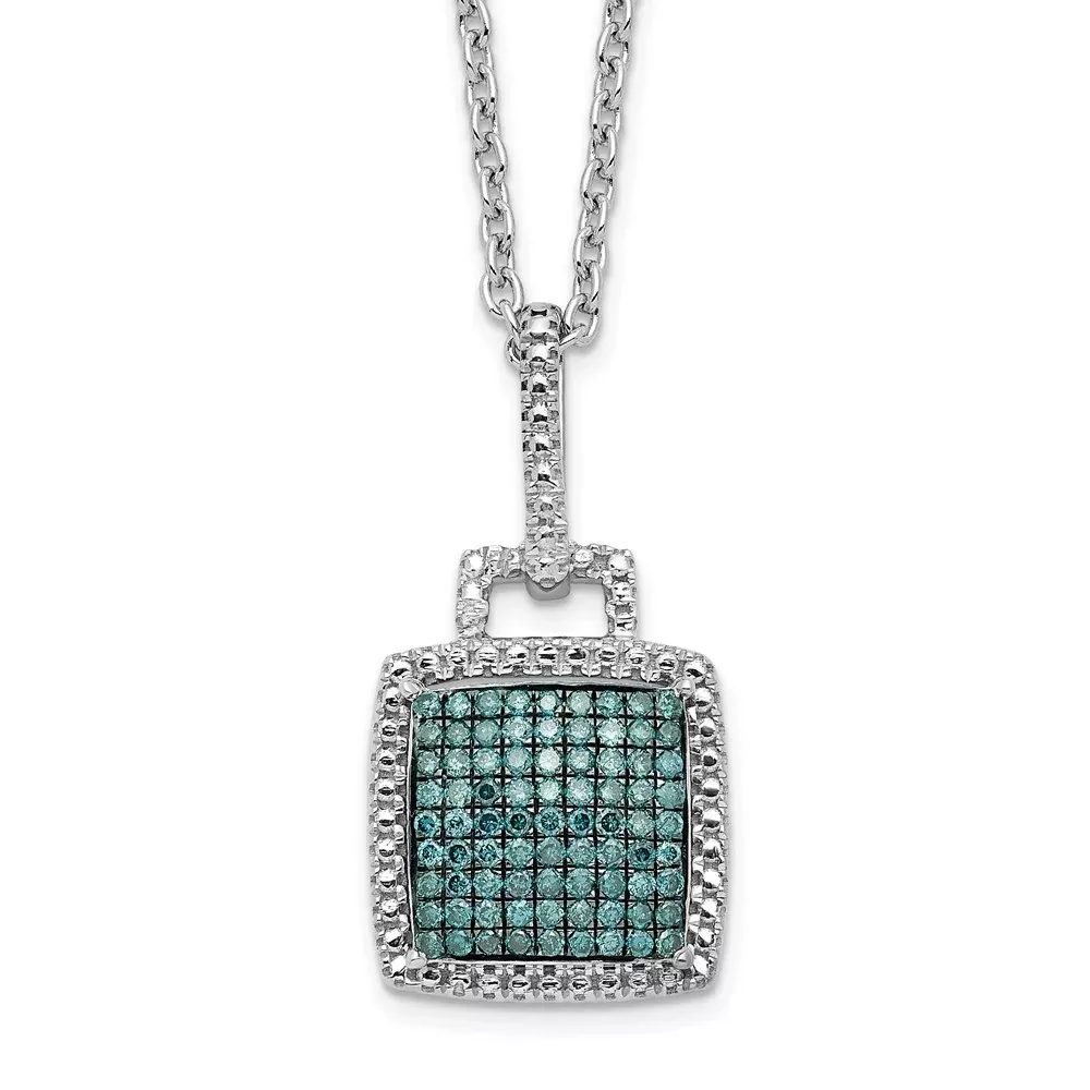 Sterling Silver White Night Rhodium-Plated Blue Diamond Square Pendant 18 Inch Necklace With 2 Extender