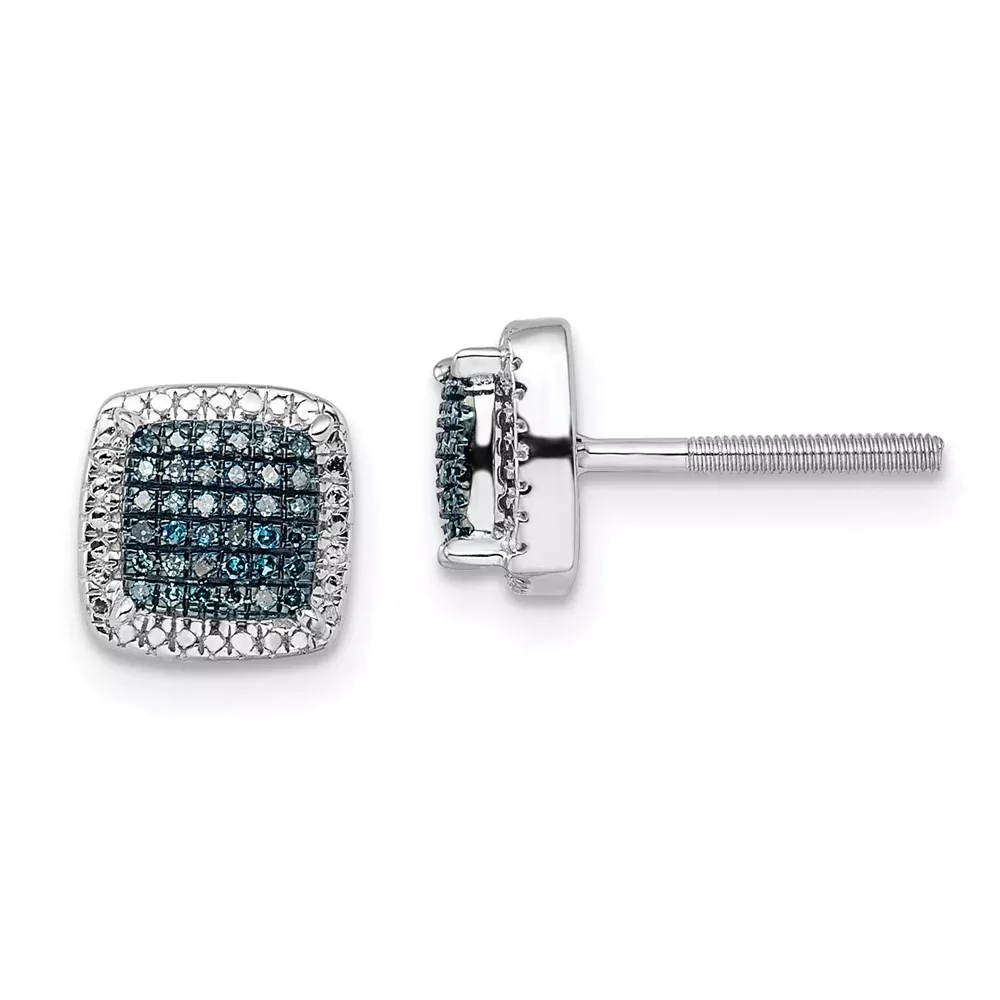 Sterling Silver White Night Rhodium-Plated Blue Diamond Square Screwback Post Earrings