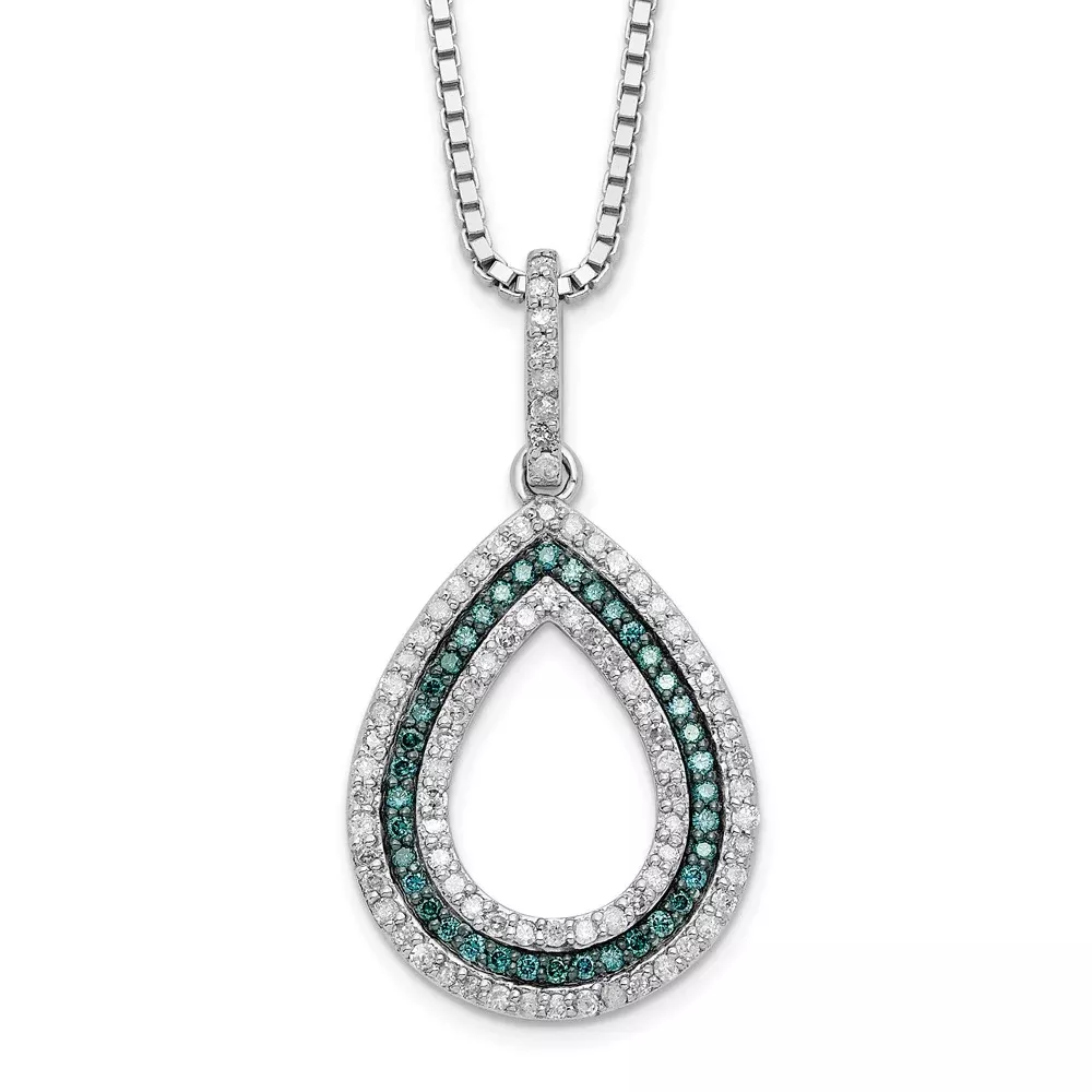 Sterling Silver White Night Rhodium-Plated Blue And Diamond Teardrop 18 Inch Necklace With 2 Extender