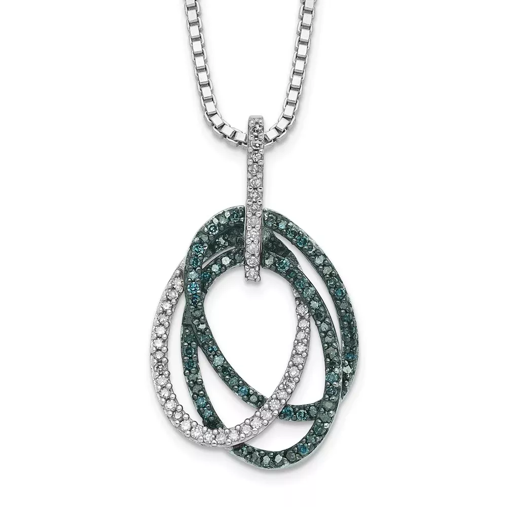 Sterling Silver White Night Rhodium-Plated Blue And Diamond Triple Oval Pendant 18 Inch Necklace With 2 Extender