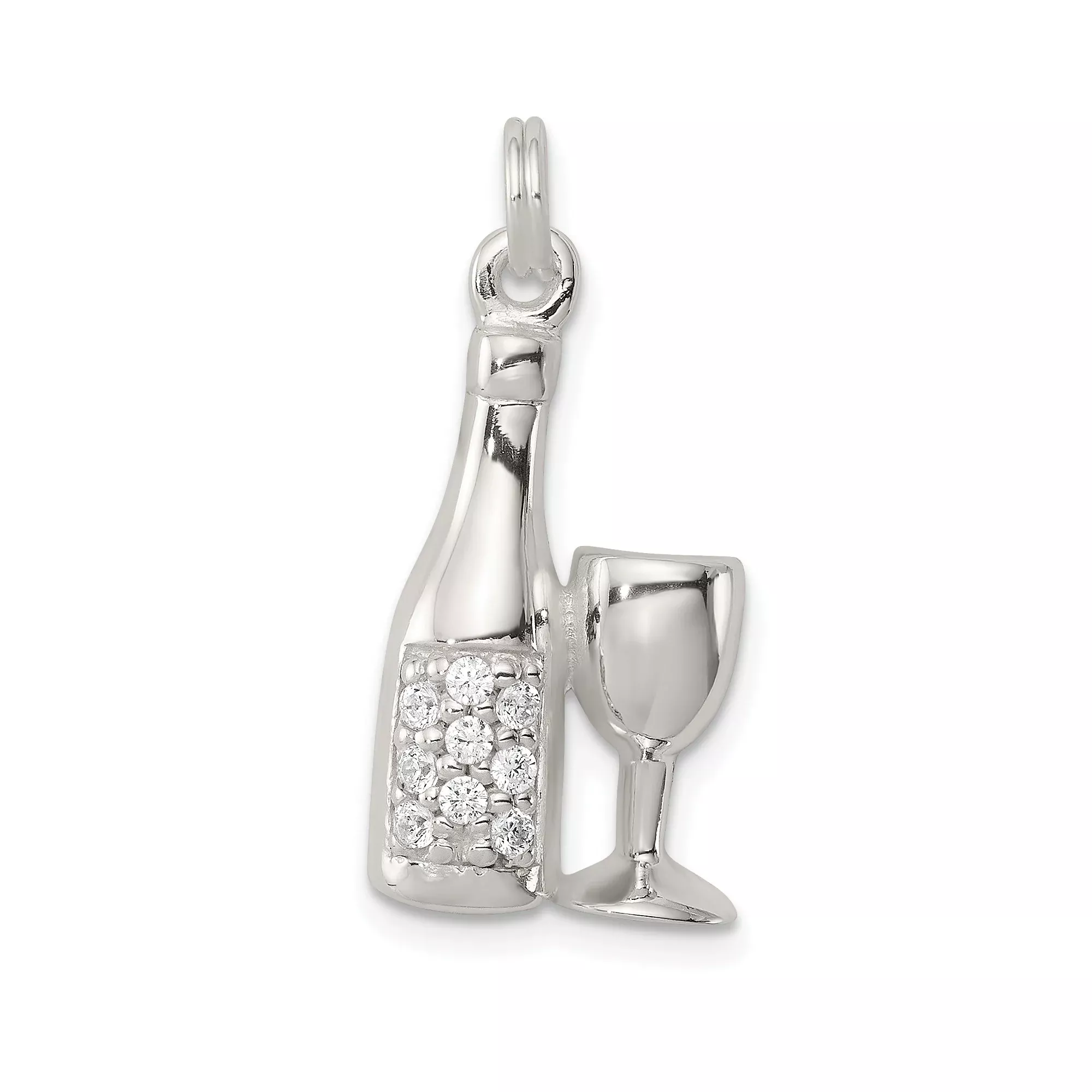 Sterling Silver Wine Bottle Pendant with Glass Detail and Cubic Zirconia Accents