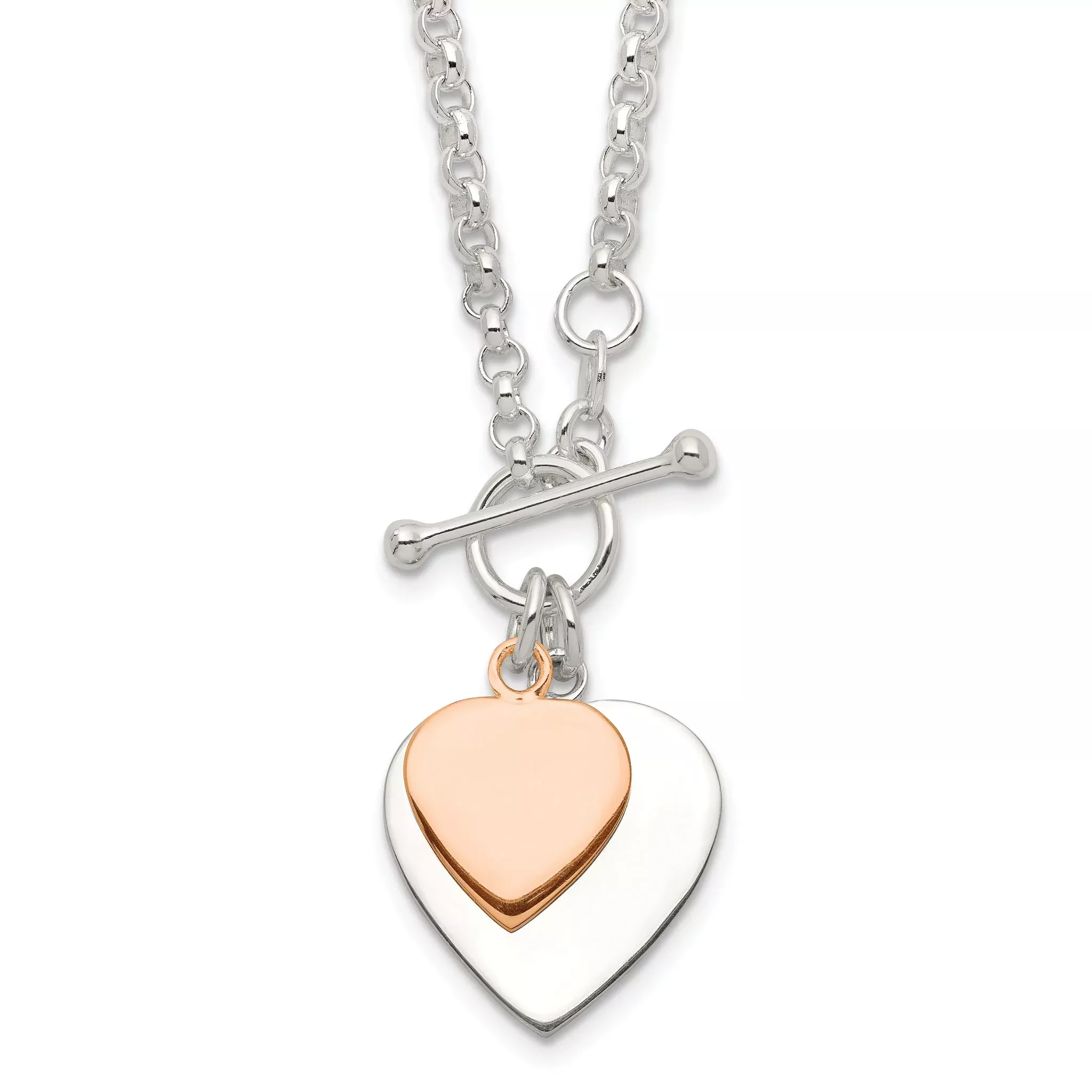 Sterling Silver With Rose gold-plat Engraveable Double Heart Toggle Necklace