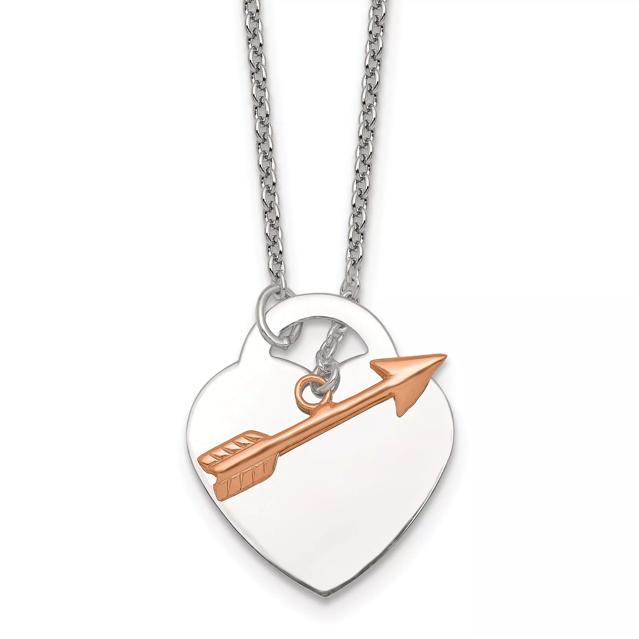 Sterling Silver with Rose-tone Polished Heart and Arrow 18 inch Toggle Necklace