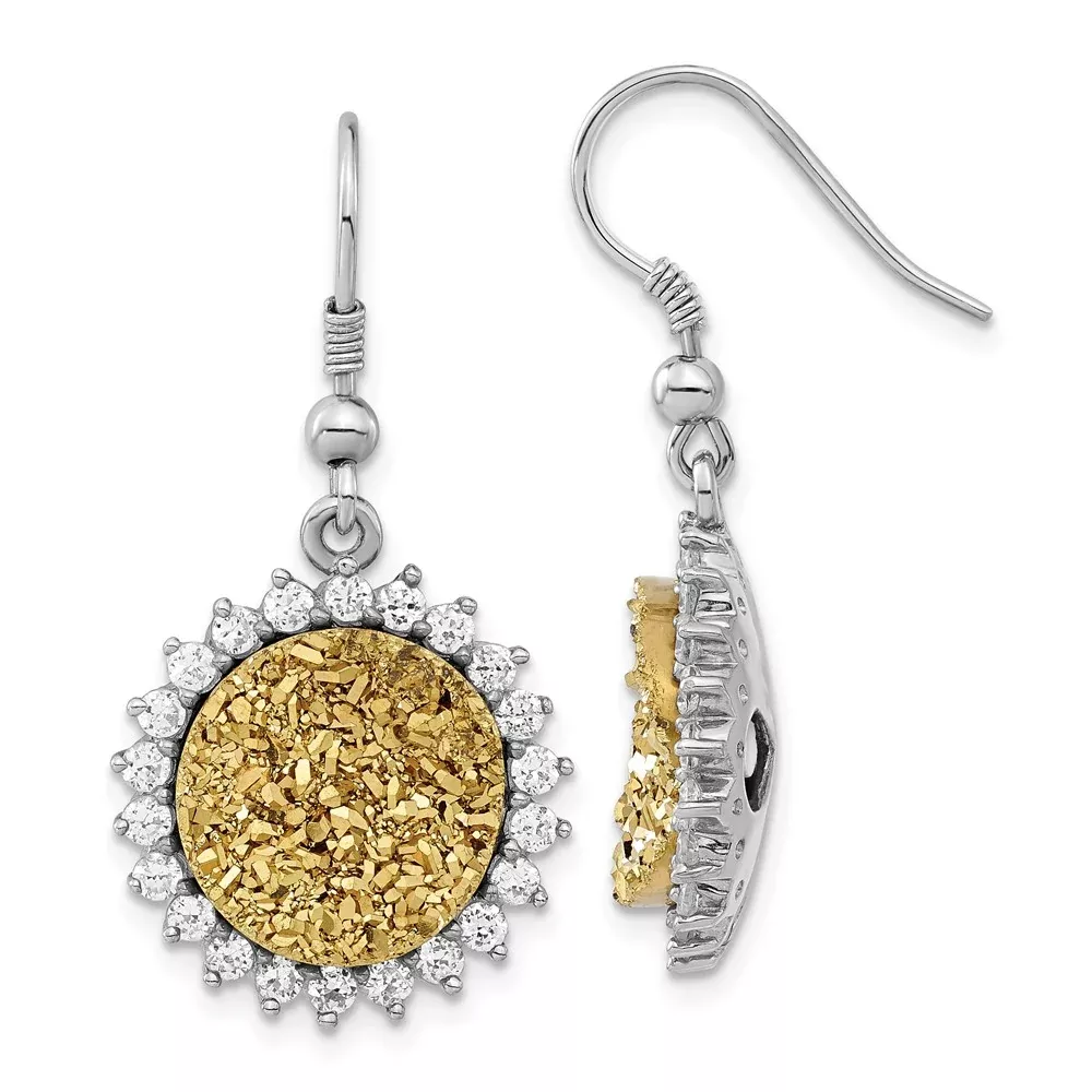 Sterling Silver Yellow Druzy & Cz Circle Shepherd Hook Dangle Earrings