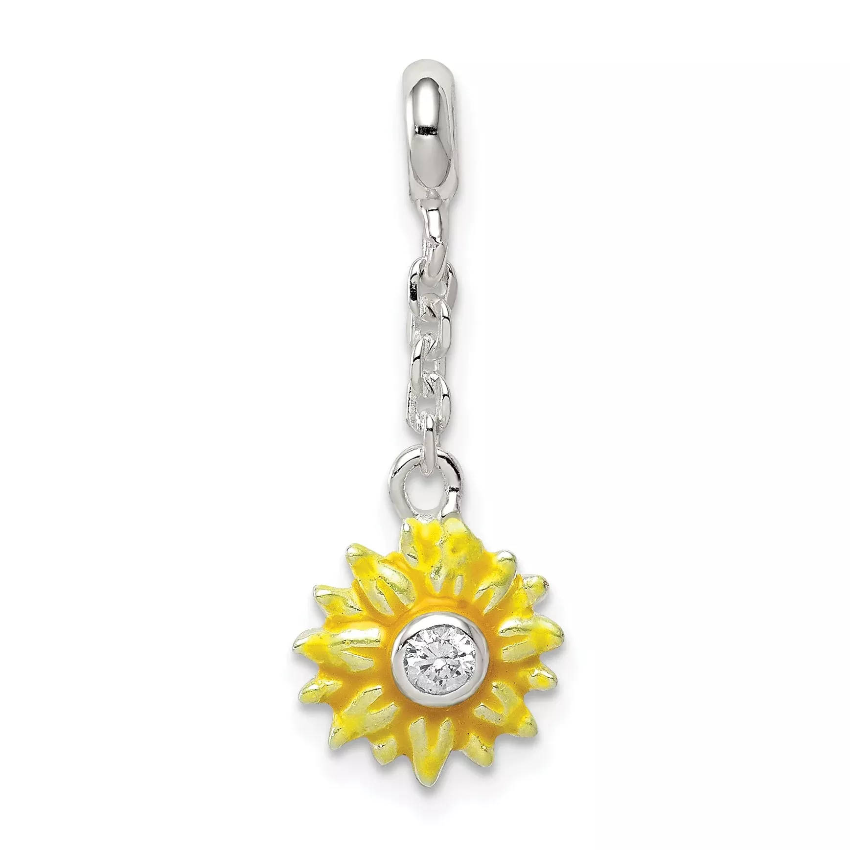 Sterling Silver Yellow Enameled Flower W /Cz 1 /2In Dangle Enhancer