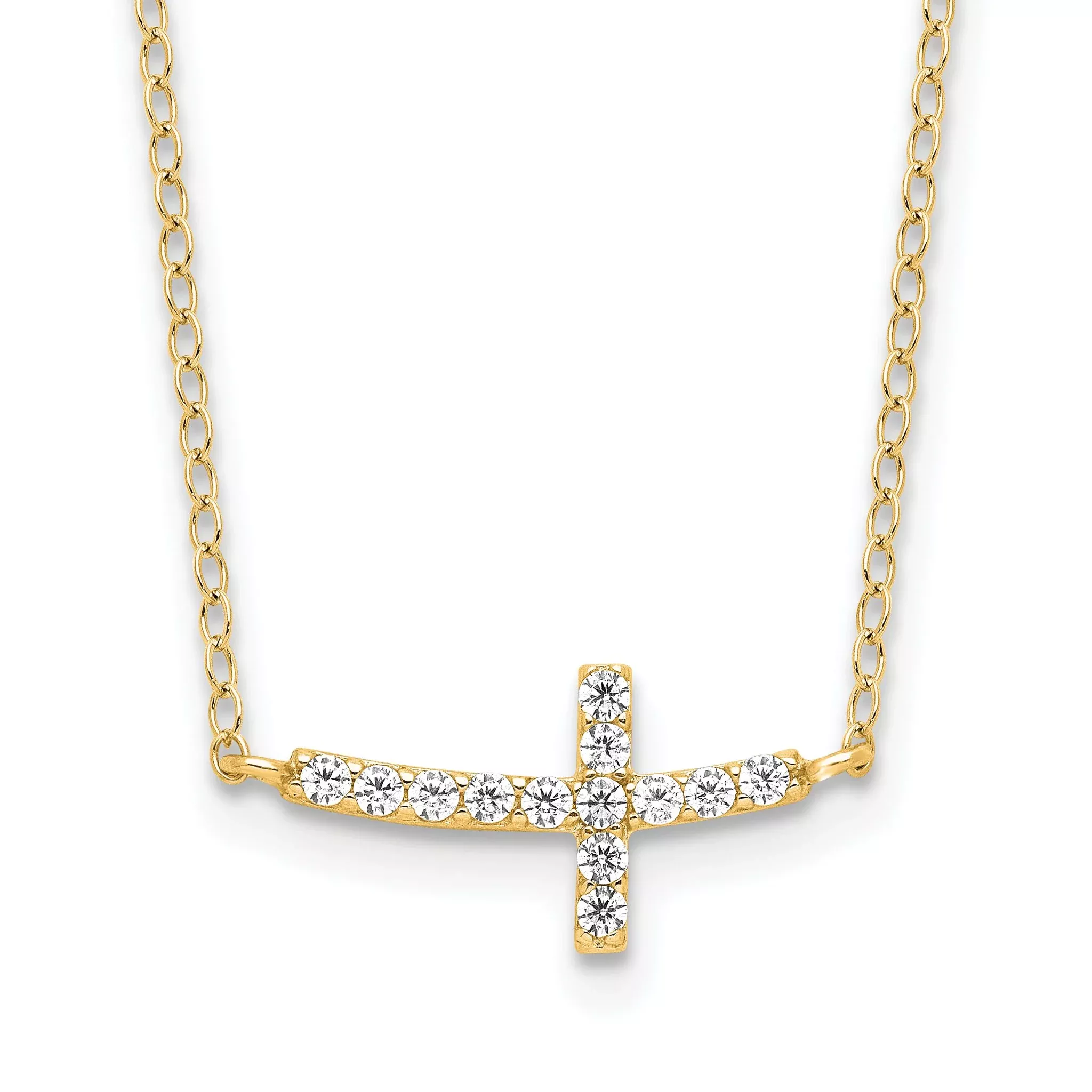 Sterling Silver Yellow Gold-plated CZ Sideways Cross With 2in Ext Necklace