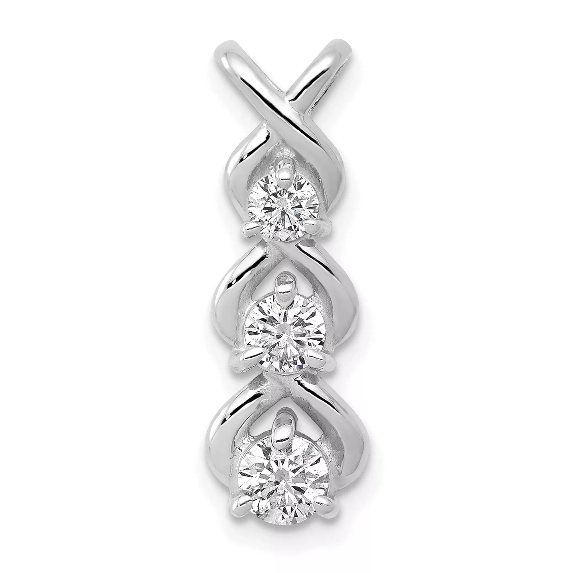 VS Diamond 3 Stone Criss-Cross Chain Slide Charm Pendant in Real 14k White Gold