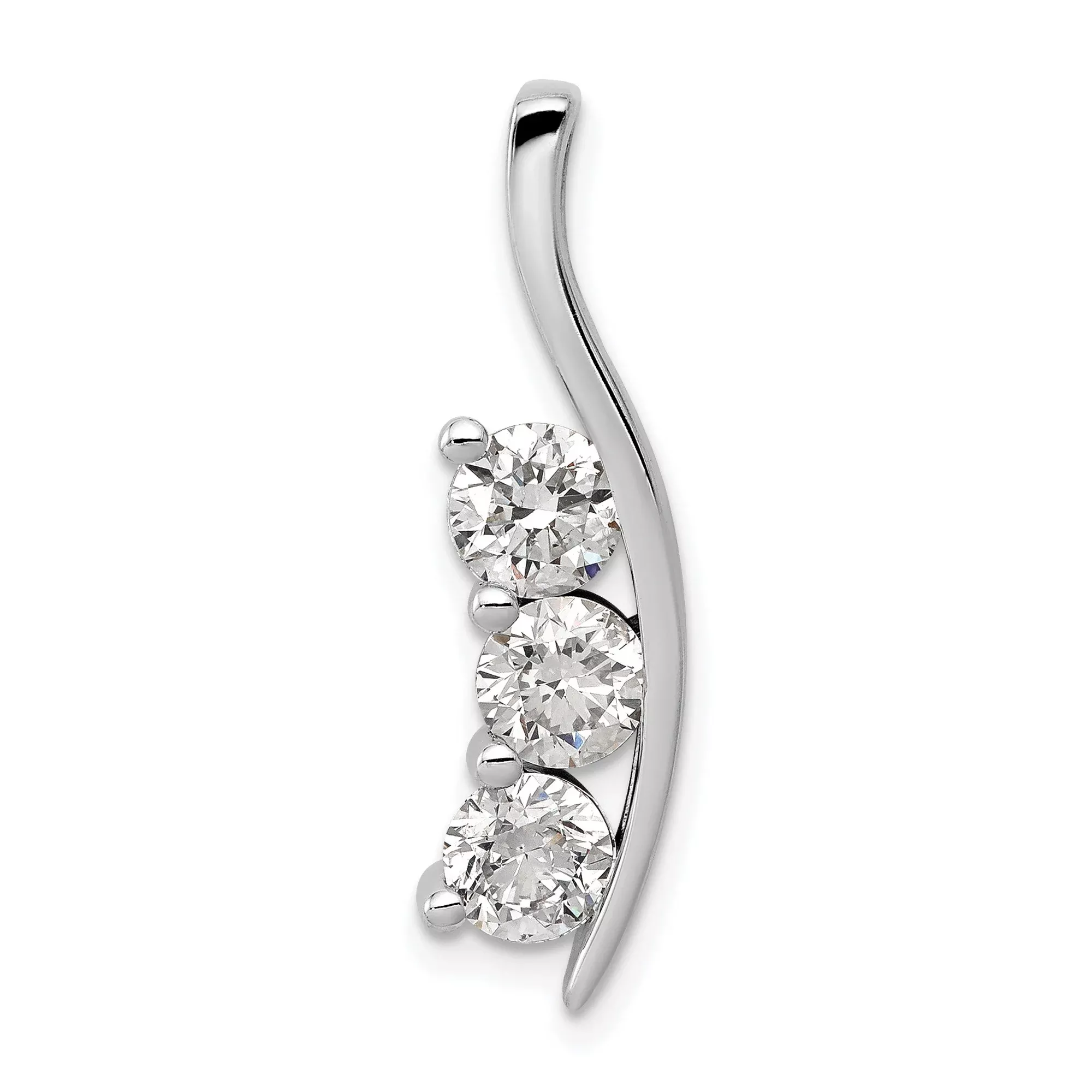 VS Diamond Large Three Stone Curved Bar Charm Pendant in Real 14k White Gold