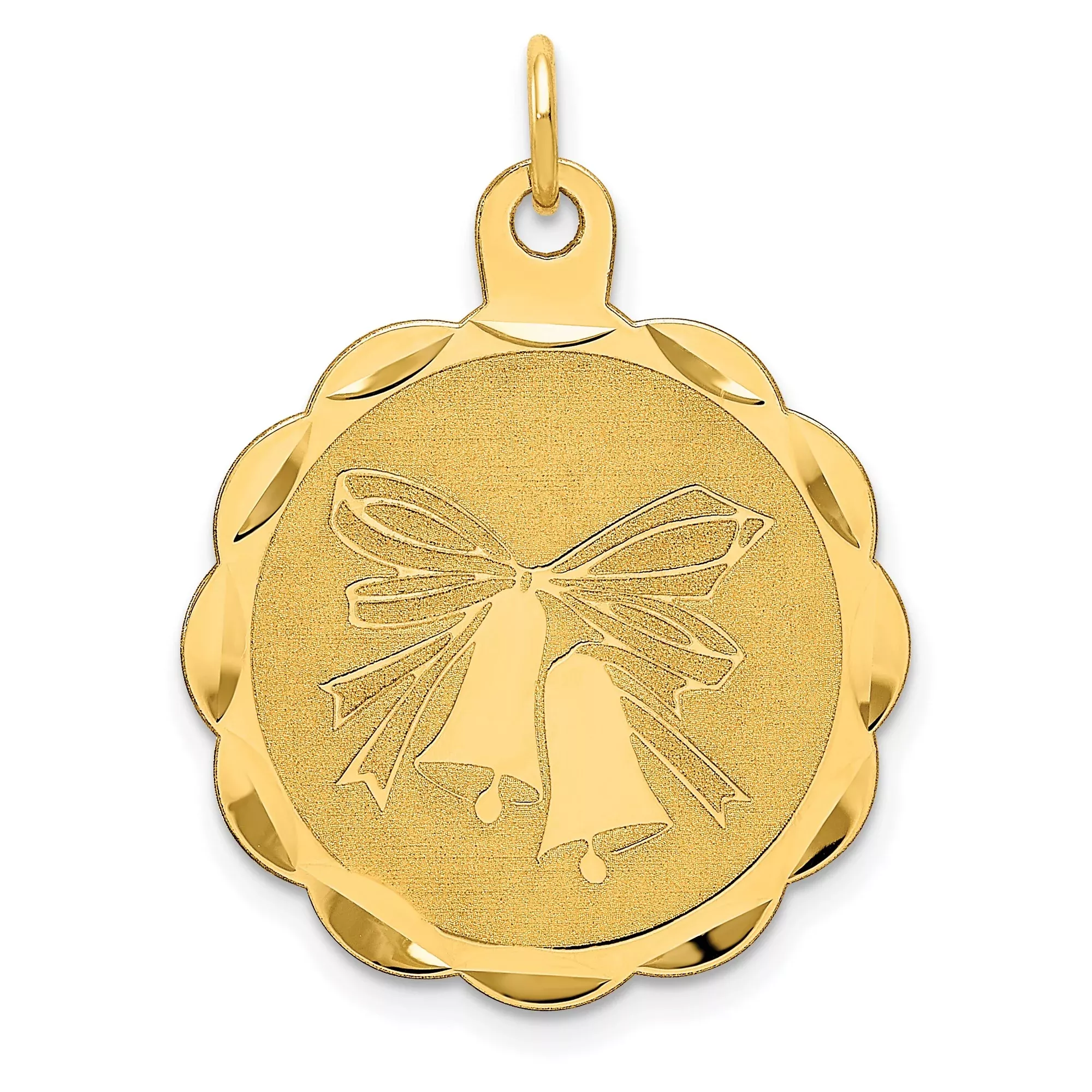 Wedding Bells With Bow Charm Pendant in Real 14k Yellow Gold